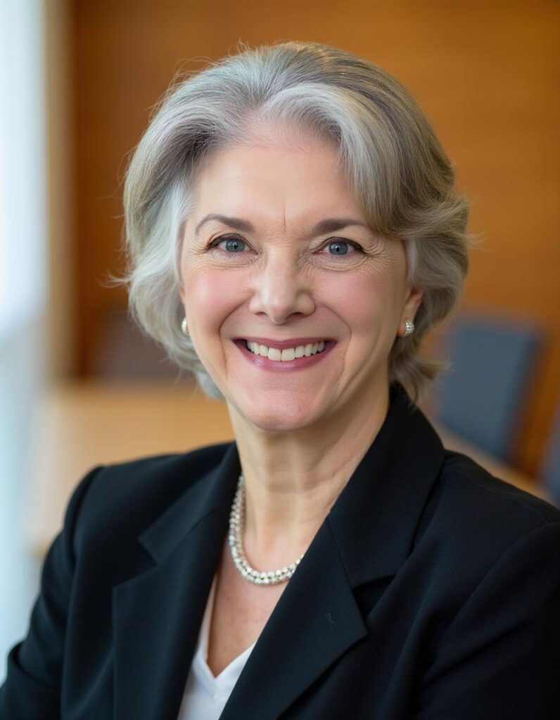 Smiling mature woman with gray hair in professional attire.